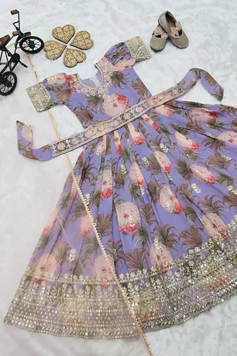 Fuax georgette digital print with embroidered sequence work kids gown