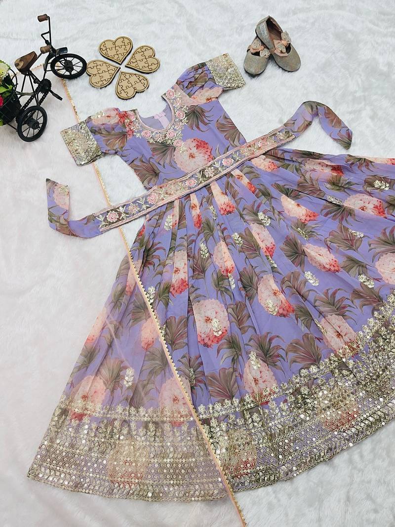 Fuax georgette digital print with embroidered sequence work kids gown