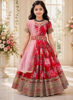 Fuax georgette digital print with embroidered sequence work kids gown 1