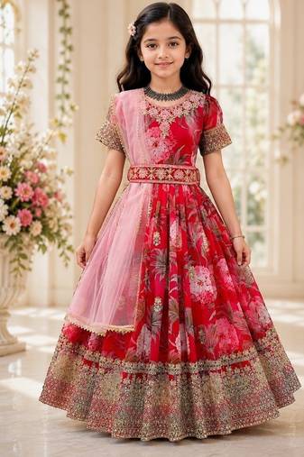 Fuax georgette digital print with embroidered sequence work kids gown