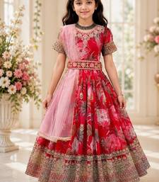 Fuax georgette digital print with embroidered sequence work kids gown