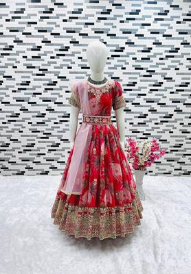 Fuax georgette digital print with embroidered sequence work kids gown 2