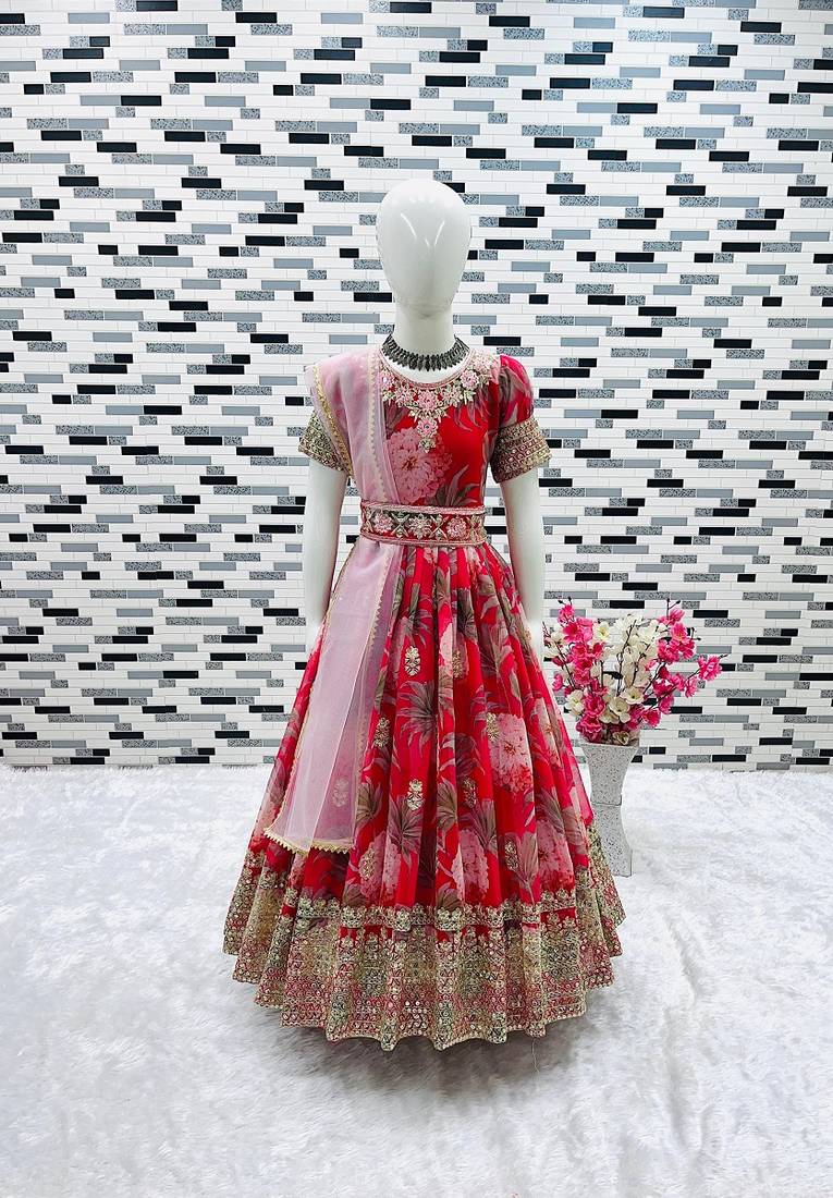 Fuax georgette digital print with embroidered sequence work kids gown