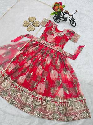 Fuax georgette digital print with embroidered sequence work kids gown 3