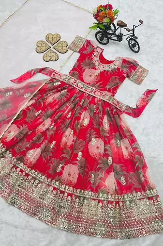 Fuax georgette digital print with embroidered sequence work kids gown