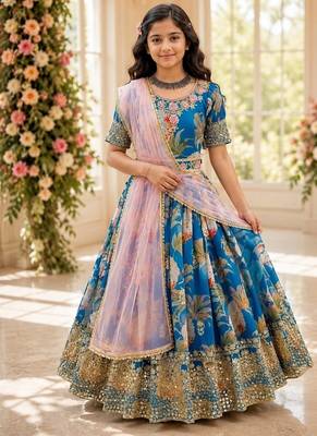 Fuax georgette digital print with embroidered sequence work kids gown 1
