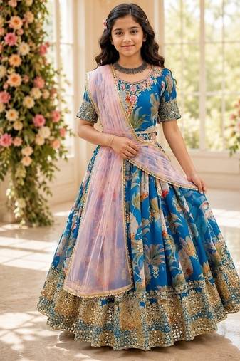 Fuax georgette digital print with embroidered sequence work kids gown