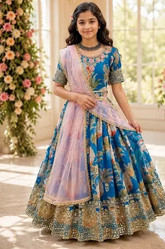 Fuax georgette digital print with embroidered sequence work kids gown