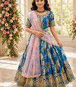 Fuax georgette digital print with embroidered sequence work kids gown