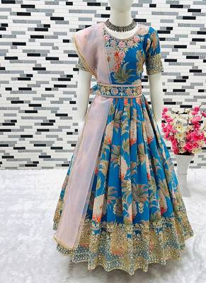 Fuax georgette digital print with embroidered sequence work kids gown 2