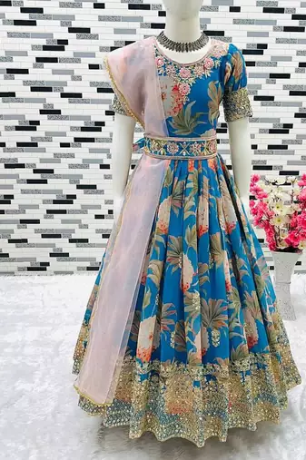 Fuax georgette digital print with embroidered sequence work kids gown
