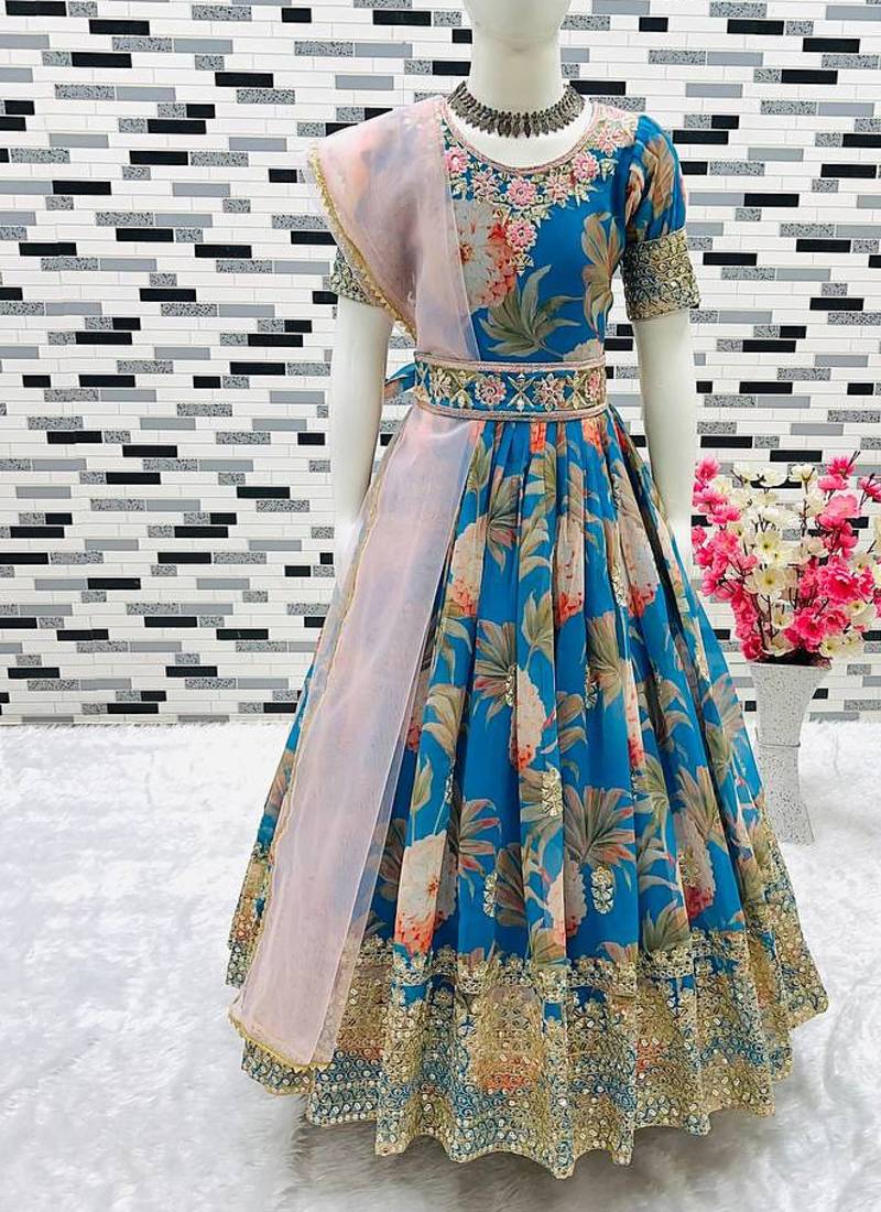 Fuax georgette digital print with embroidered sequence work kids gown