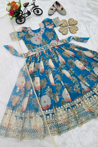 Fuax georgette digital print with embroidered sequence work kids gown