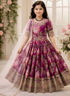Fuax georgette digital print with embroidered sequence work kids gown 1