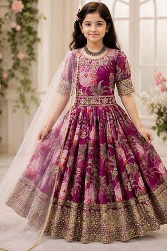Fuax georgette digital print with embroidered sequence work kids gown