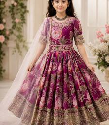 Fuax georgette digital print with embroidered sequence work kids gown