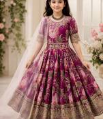 Fuax georgette digital print with embroidered sequence work kids gown