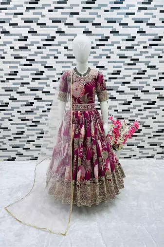 Fuax georgette digital print with embroidered sequence work kids gown