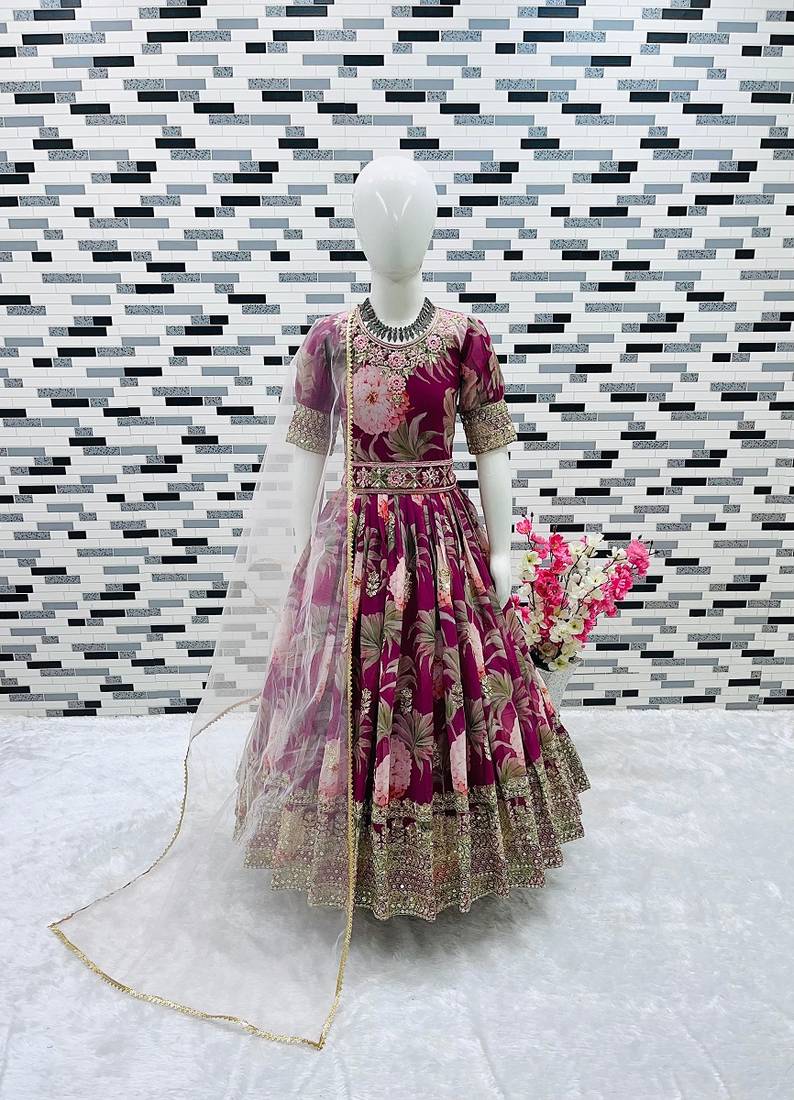 Fuax georgette digital print with embroidered sequence work kids gown