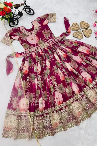 Fuax georgette digital print with embroidered sequence work kids gown