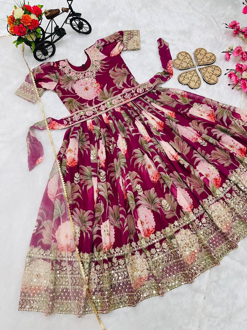 Fuax georgette digital print with embroidered sequence work kids gown