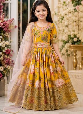 Fuax georgette digital print with embroidered sequence work kids gown 1