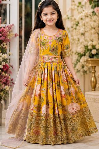Fuax georgette digital print with embroidered sequence work kids gown