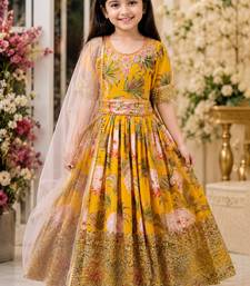 Fuax georgette digital print with embroidered sequence work kids gown