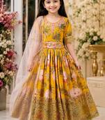 Fuax georgette digital print with embroidered sequence work kids gown