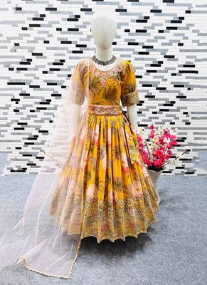 Fuax georgette digital print with embroidered sequence work kids gown 2
