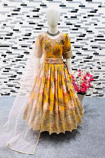Fuax georgette digital print with embroidered sequence work kids gown