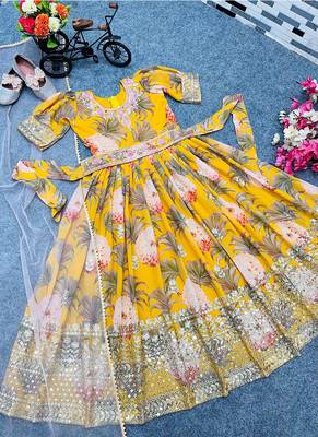 Fuax georgette digital print with embroidered sequence work kids gown 3