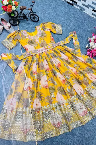 Fuax georgette digital print with embroidered sequence work kids gown