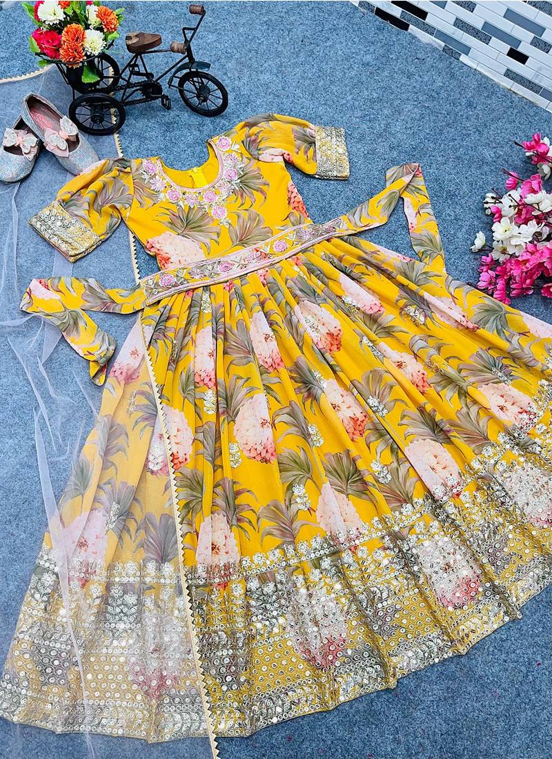 Fuax georgette digital print with embroidered sequence work kids gown