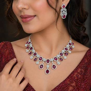 royal red teardrop necklace earring set, ruby crystal bridal statement jewellery 1