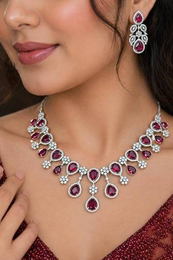 royal red teardrop necklace earring set, ruby crystal bridal statement jewellery