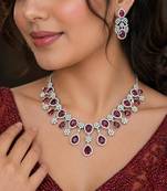 royal red teardrop necklace earring set, ruby crystal bridal statement jewellery