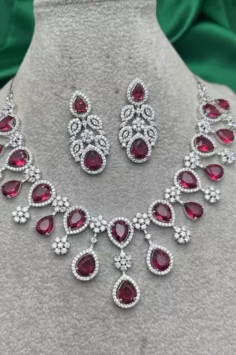 royal red teardrop necklace earring set, ruby crystal bridal statement jewellery