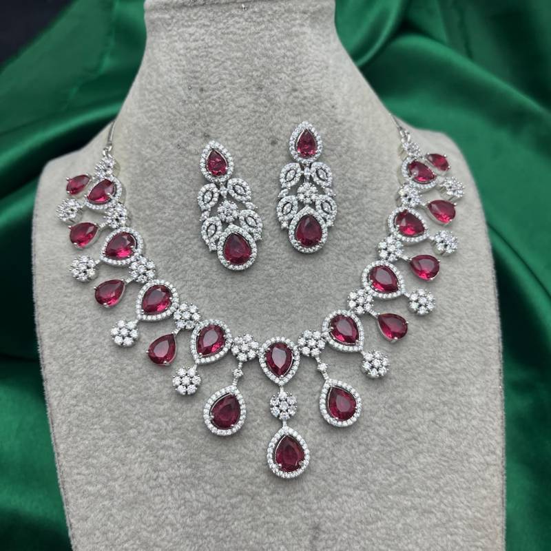 royal red teardrop necklace earring set, ruby crystal bridal statement jewellery