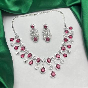 royal red teardrop necklace earring set, ruby crystal bridal statement jewellery 3