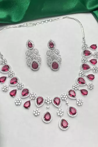 royal red teardrop necklace earring set, ruby crystal bridal statement jewellery