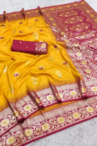 Yellow soft banarasi silk saree with zari weaving meenakari design