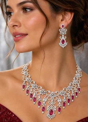 ruby red bridal necklace set with white cubic zirconia  floral wedding jewellery 1