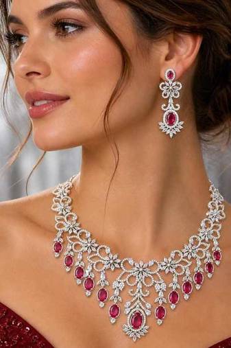 ruby red bridal necklace set with white cubic zirconia  floral wedding jewellery