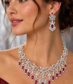ruby red bridal necklace set with white cubic zirconia  floral wedding jewellery