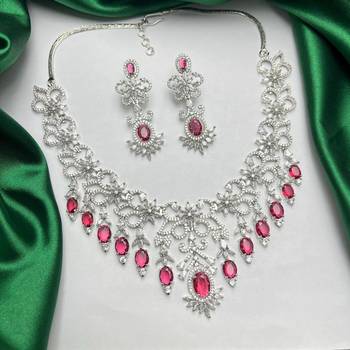 ruby red bridal necklace set with white cubic zirconia  floral wedding jewellery 2