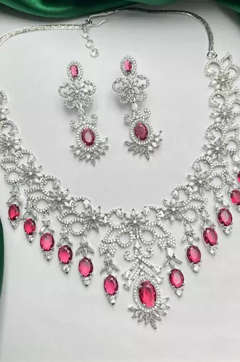 ruby red bridal necklace set with white cubic zirconia  floral wedding jewellery