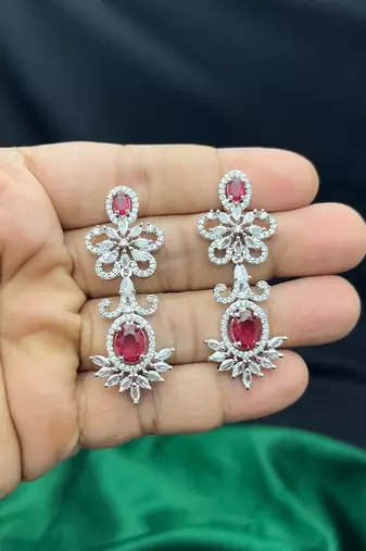 ruby red bridal necklace set with white cubic zirconia  floral wedding jewellery