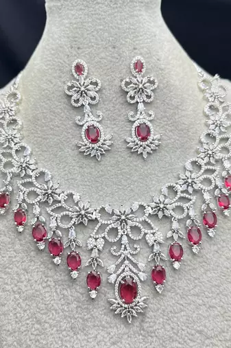 ruby red bridal necklace set with white cubic zirconia  floral wedding jewellery