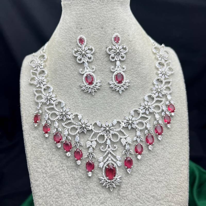 ruby red bridal necklace set with white cubic zirconia  floral wedding jewellery